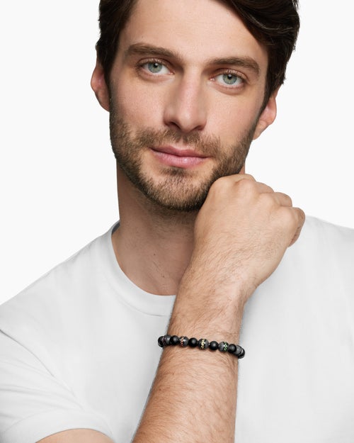 Mens Spiritual Beads Rainbow Bracelet in Sterling Silver with Black Onyx, Sapphires and Tsavorites, 8mm