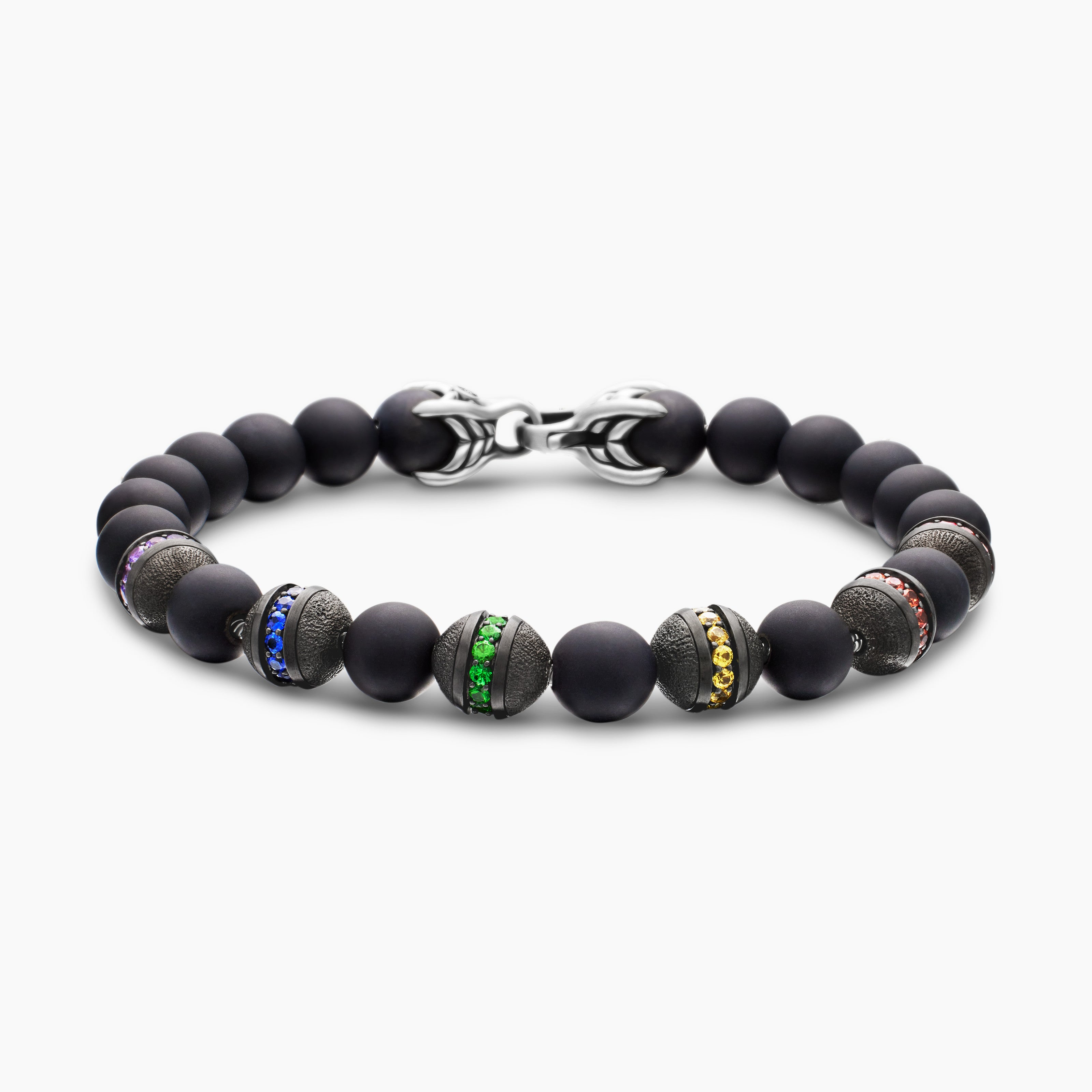 Mens Spiritual Beads Rainbow Bracelet in Sterling Silver, 8mm