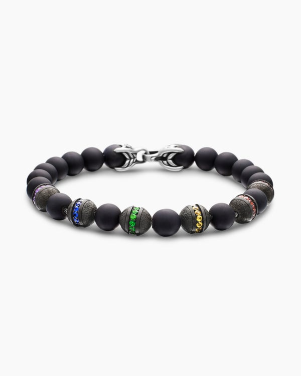 Bracelet Spiritual Beads arc-en-ciel en argent sterling avec onyx noir, saphirs et tsavorites, 8 mm