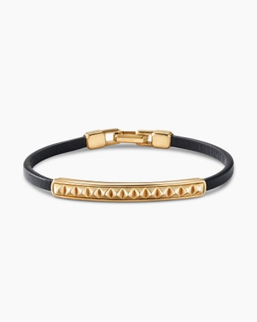 Pyramid ID Bracelet in Black Leather with 18K Yellow Gold, 6.5mm