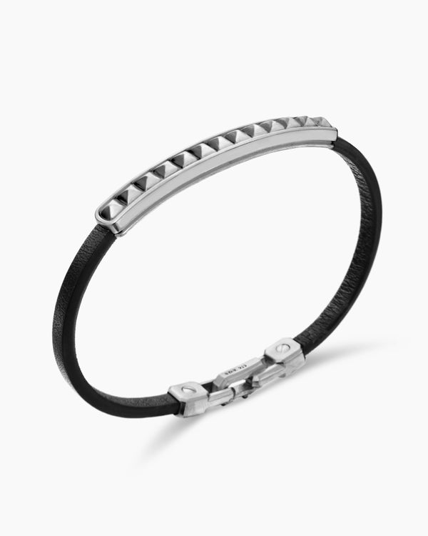 Pyramid ID Bracelet in Black Leather with Sterling Silver, 6.5mm