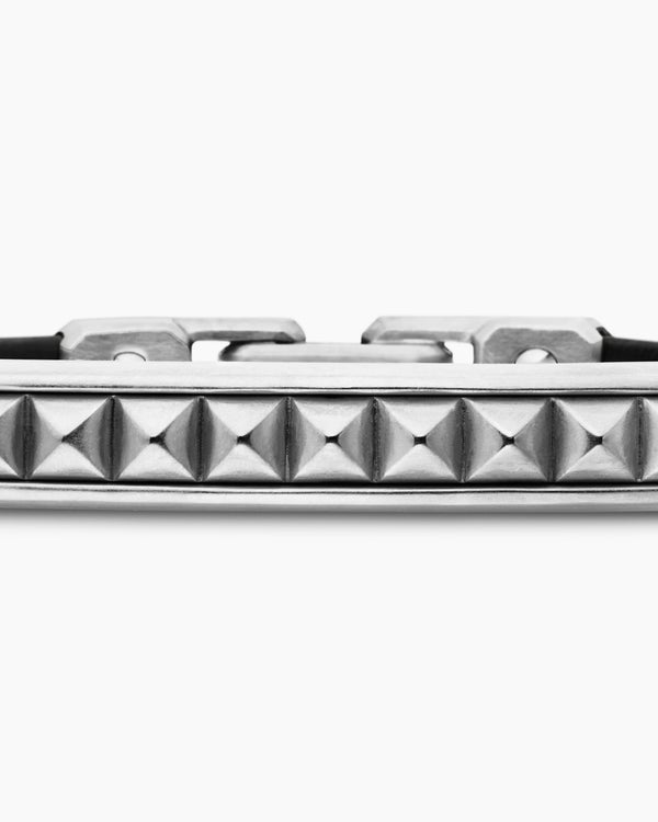 Pyramid ID Bracelet in Black Leather with Sterling Silver, 6.5mm