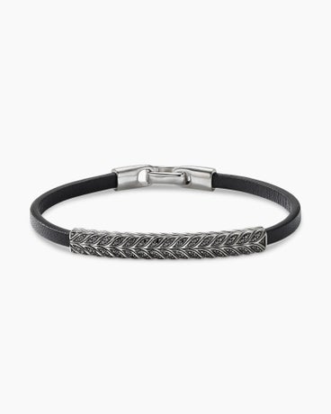 Chevron ID Bracelet  in Black Leather with Black Diamonds and Sterling Silver, 6.6mm