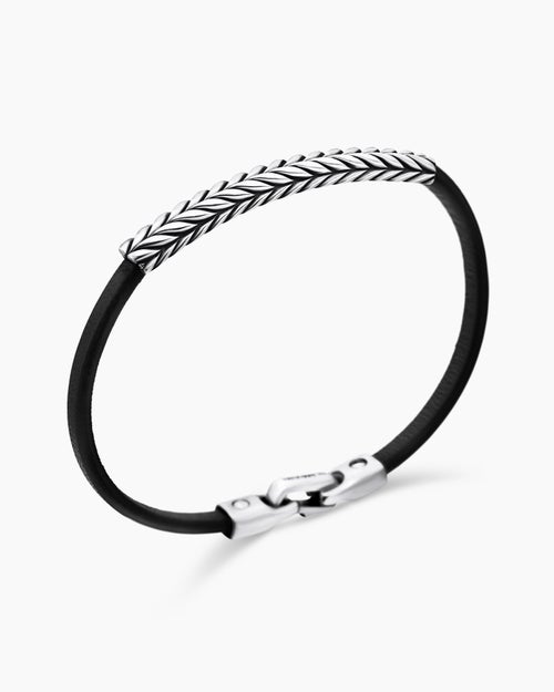 Mens Chevron ID Bracelet in Black Leather with Sterling Silver, 6.6mm