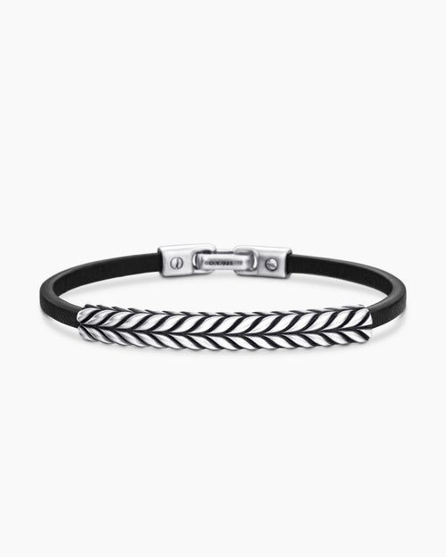 Mens Chevron ID Bracelet in Black Leather with Sterling Silver, 6.6mm