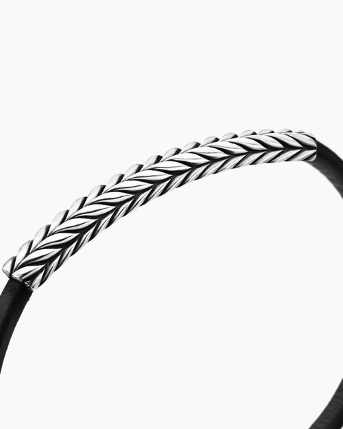 Mens Chevron ID Bracelet in Black Leather with Sterling Silver, 6.6mm