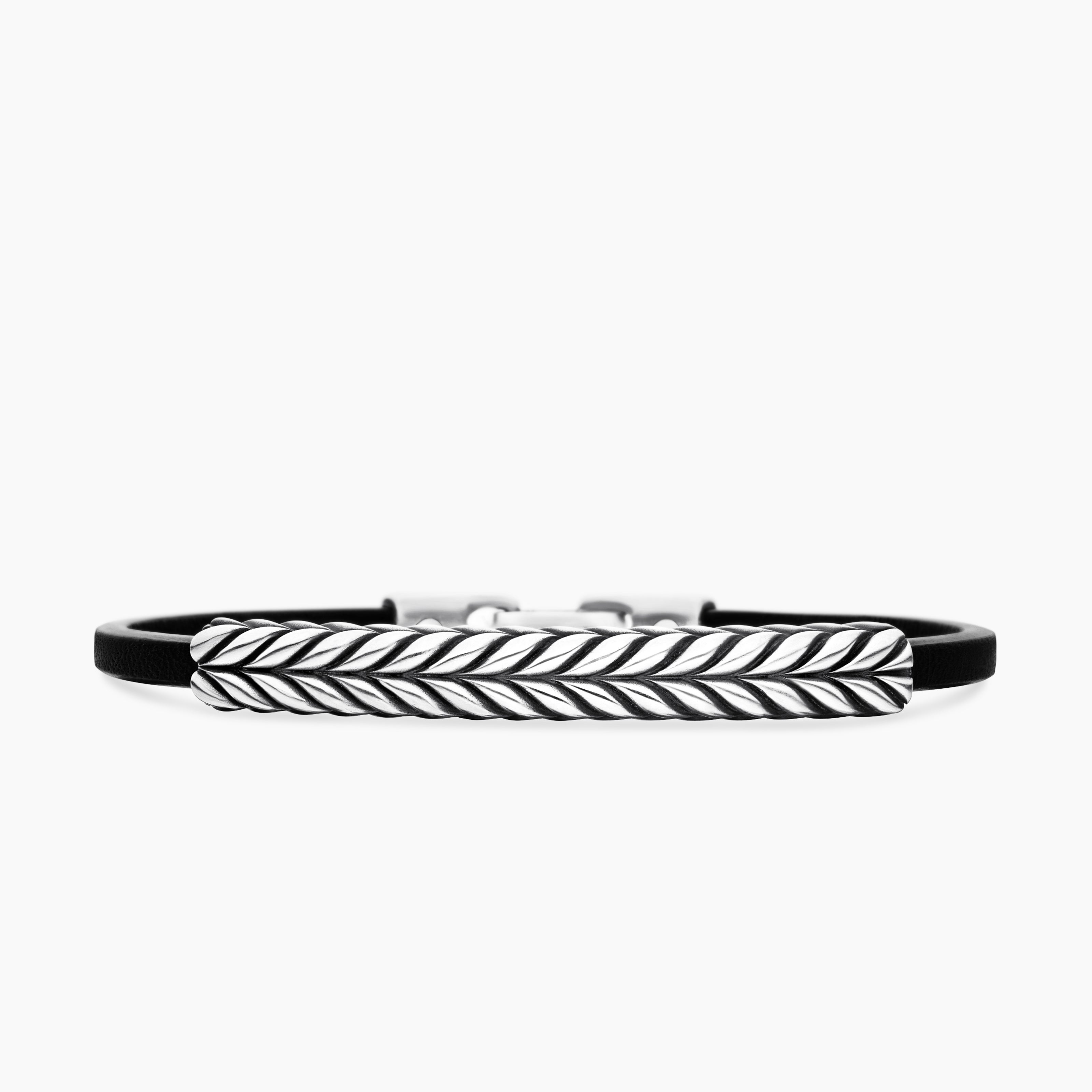 Mens Chevron ID Bracelet  in Black Leather with Sterling Silver, 6.6mm