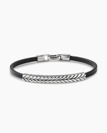 Chevron ID Bracelet  in Black Leather with Sterling Silver, 6.6mm