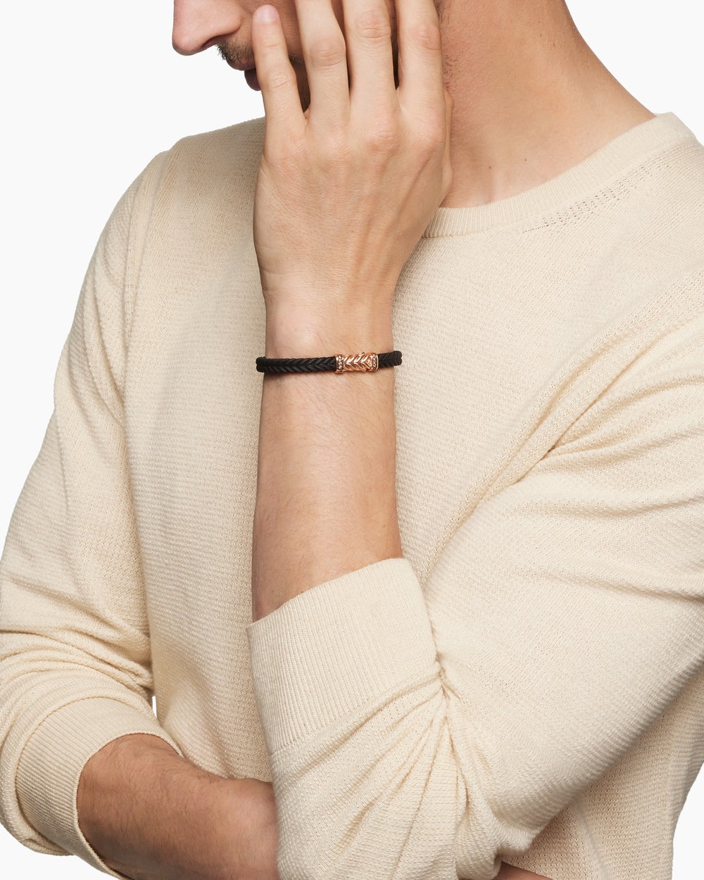 Mens Chevron Bracelet in Black Rubber with 18K Rose Gold and Cognac Diamonds, 6mm