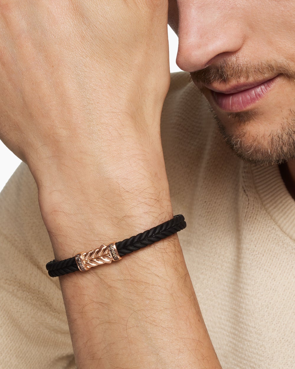 Mens Chevron Bracelet in Black Rubber with 18K Rose Gold and Cognac Diamonds, 6mm