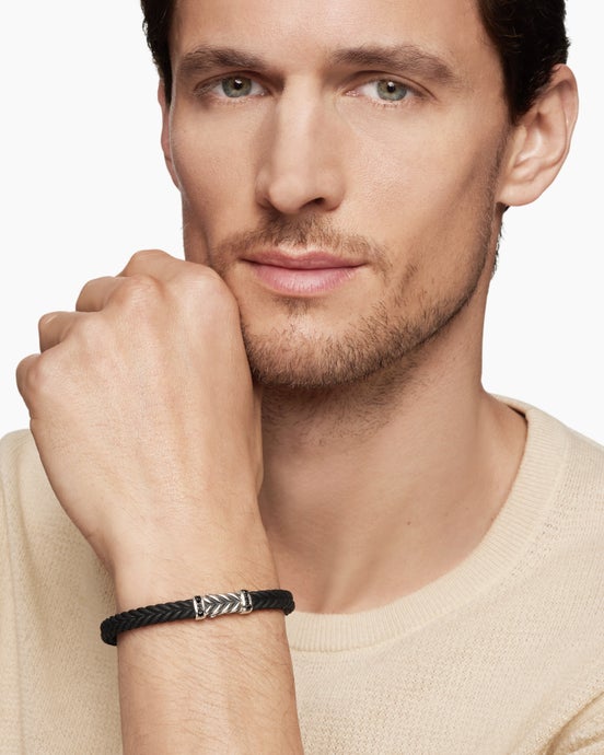 Chevron Bracelet in Black Rubber with Black Diamonds and Sterling Silver, 6mm