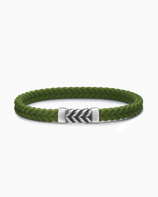 Chevron Bracelet in Green Rubber with Sterling Silver, 6mm