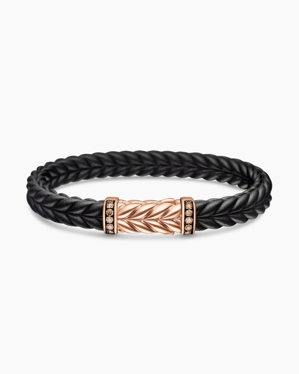 Mens Chevron Bracelet in Black Rubber with 18K Rose Gold and Cognac Diamonds, 9mm