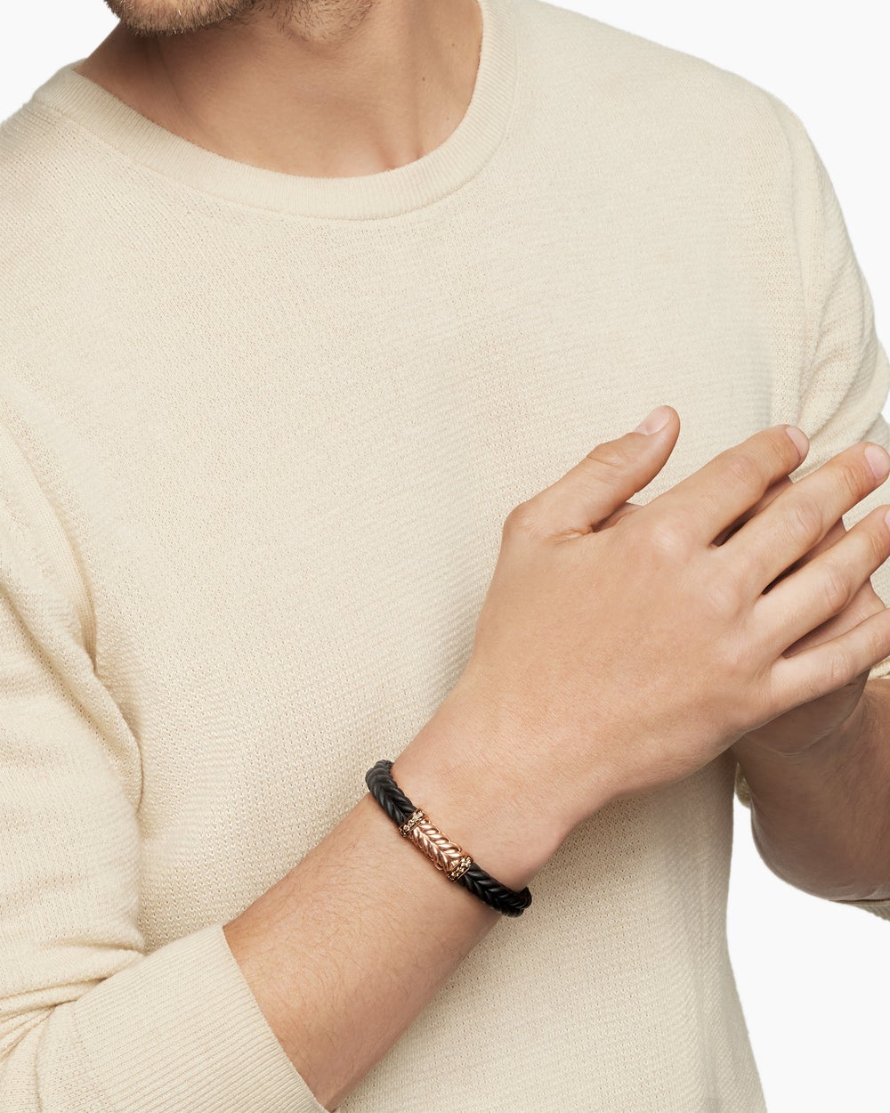Mens Chevron Bracelet in Black Rubber with 18K Rose Gold and Cognac Diamonds, 9mm