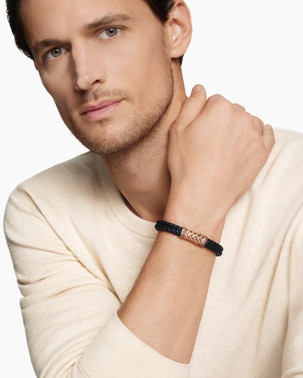 Mens Chevron Bracelet in Black Rubber with 18K Rose Gold and Cognac Diamonds, 9mm