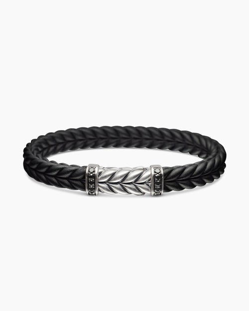 Mens Chevron Bracelet in Black Rubber with Black Diamonds and Sterling Silver, 9mm
