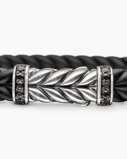 Mens Chevron Bracelet in Black Rubber with Black Diamonds and Sterling Silver, 9mm