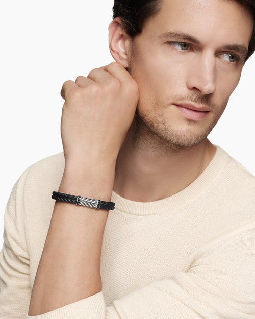 Mens Chevron Bracelet in Black Rubber with Black Diamonds and Sterling Silver, 9mm