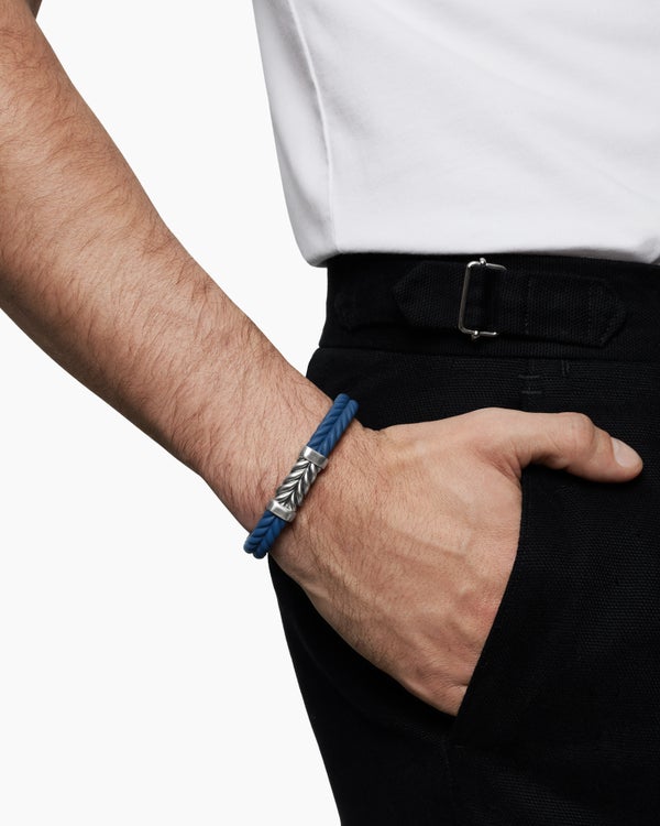 Chevron Bracelet  in Blue Rubber with Sterling Silver, 9mm