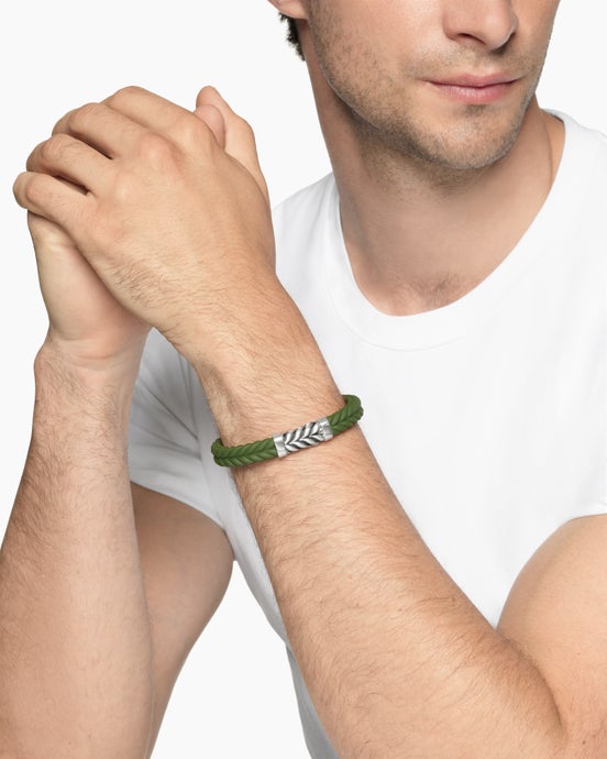 Bracelet Chevron en caoutchouc vert avec argent massif, 9 mm