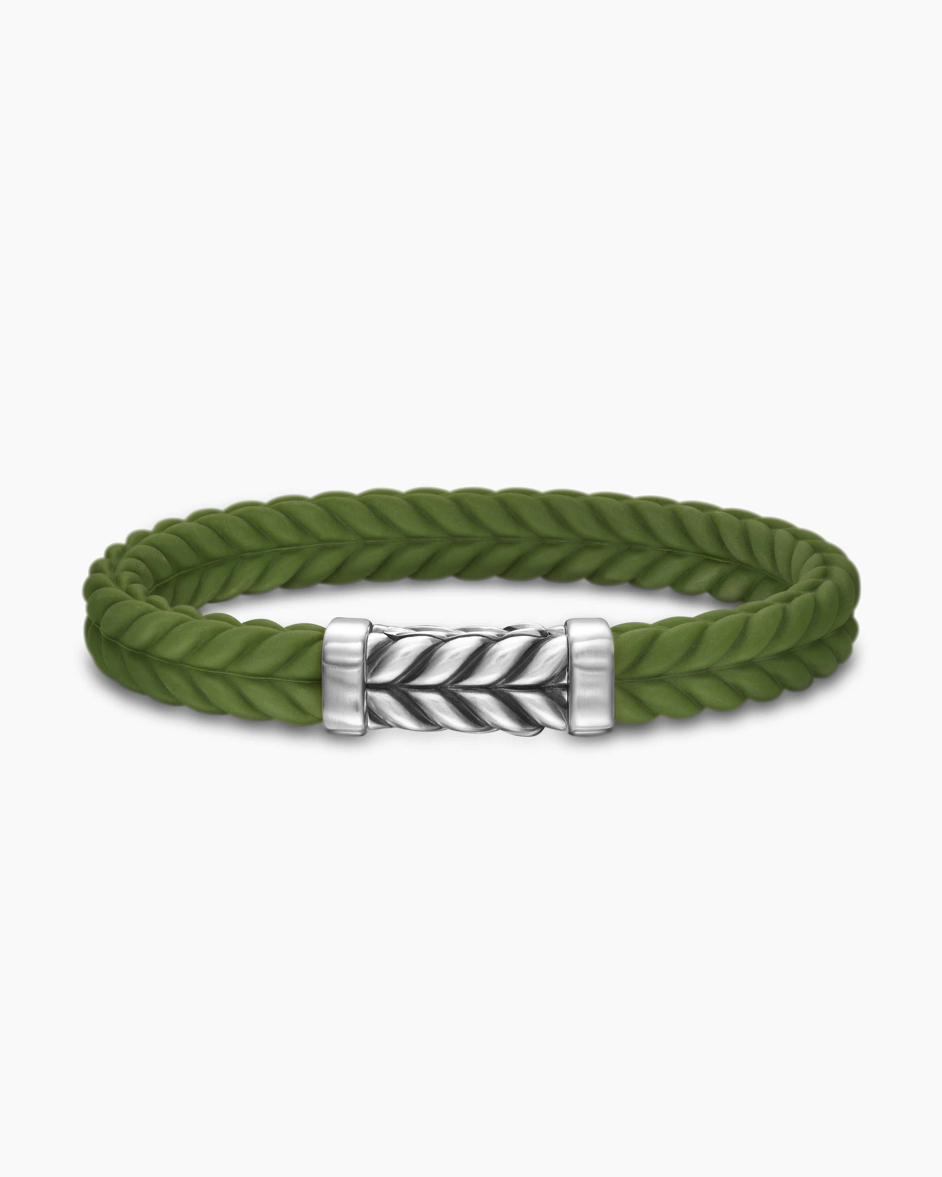 David Yurman Chevron Bracelet in Green Rubber with Sterling Silver, 9mm INTERNATIONAL SHIPPING