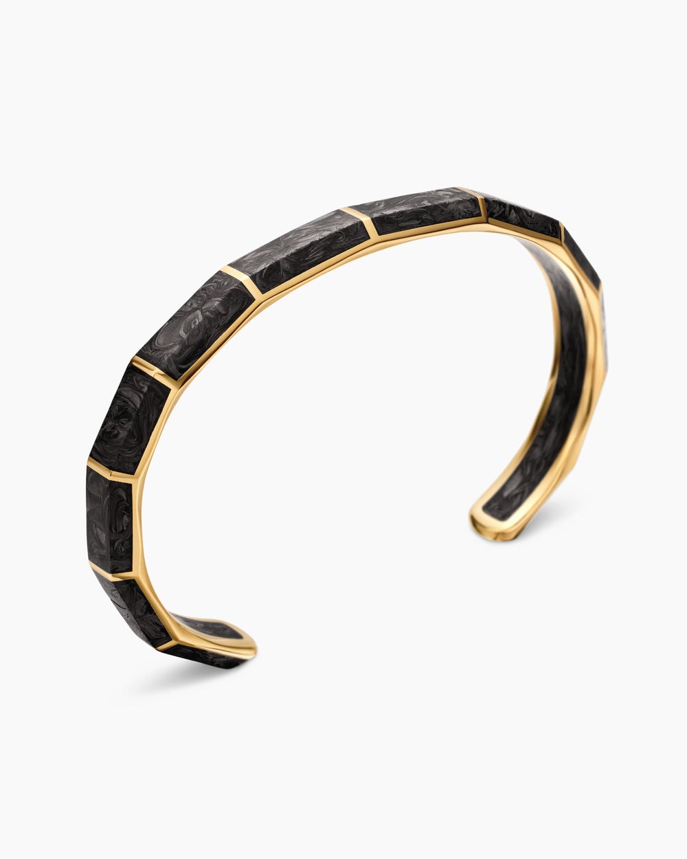 Mens Forged Carbon Faceted Cuff Bracelet with 18K Yellow Gold, 8.5mm