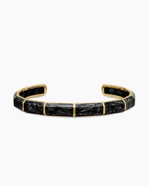 Mens Forged Carbon Faceted Cuff Bracelet in 18K Yellow Gold, 8.5mm