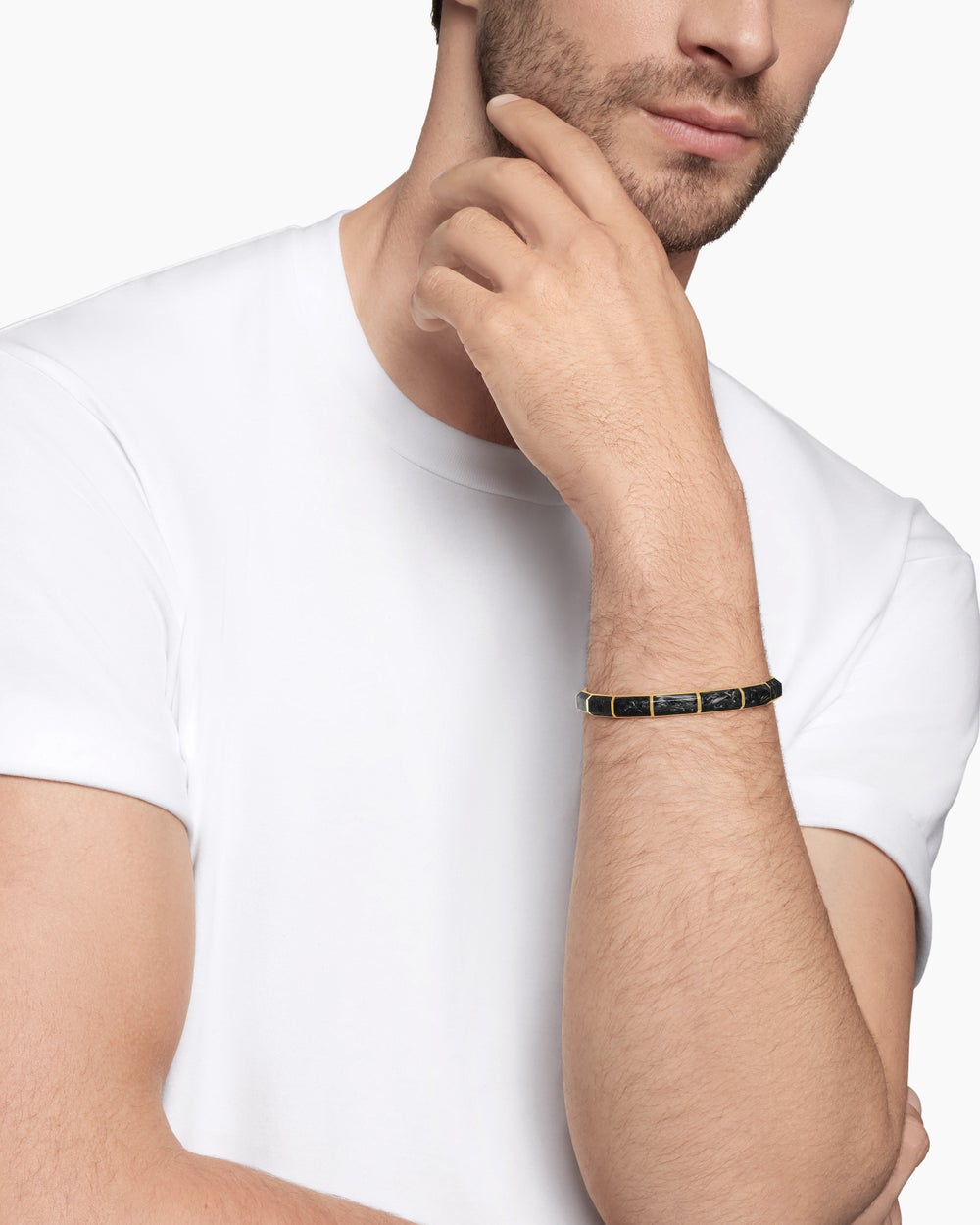 Mens Forged Carbon Faceted Cuff Bracelet with 18K Yellow Gold, 8.5mm
