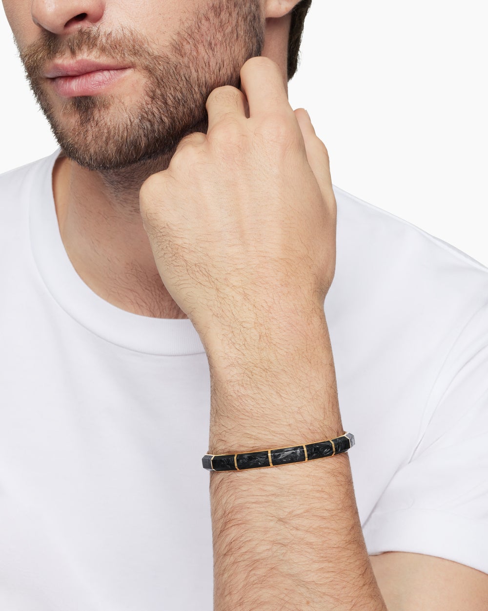 Mens Forged Carbon Faceted Cuff Bracelet with 18K Yellow Gold, 8.5mm