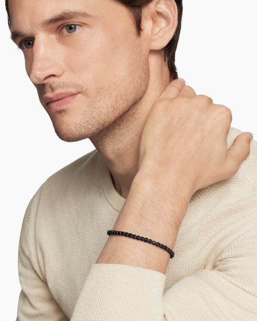 Mens Spiritual Beads Cushion Bracelet in Sterling Silver with Black Onyx, 4mm