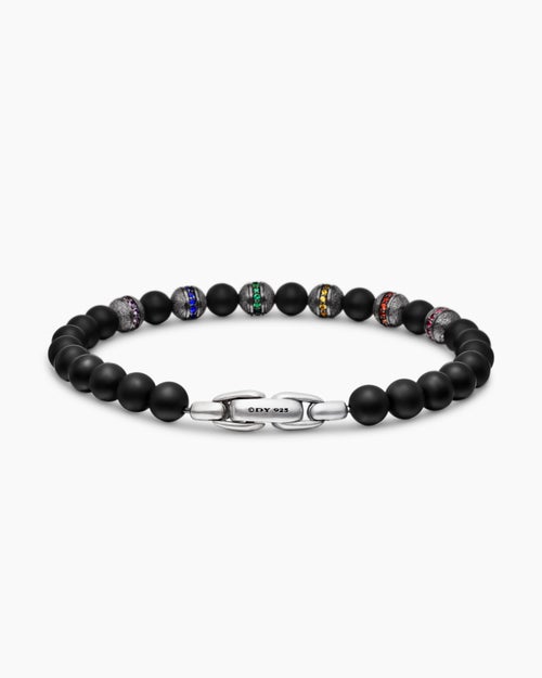 Mens Spiritual Beads Rainbow Bracelet in Sterling Silver with Black Onyx, Sapphires and Tsavorites, 6mm