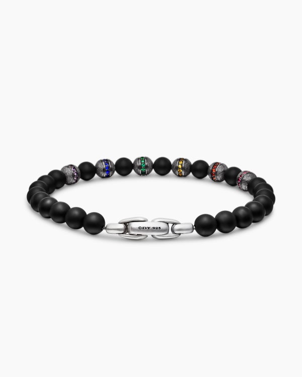 Bracelet Spiritual Beads arc-en-ciel en argent sterling avec onyx noir, saphirs et tsavorites, 6 mm