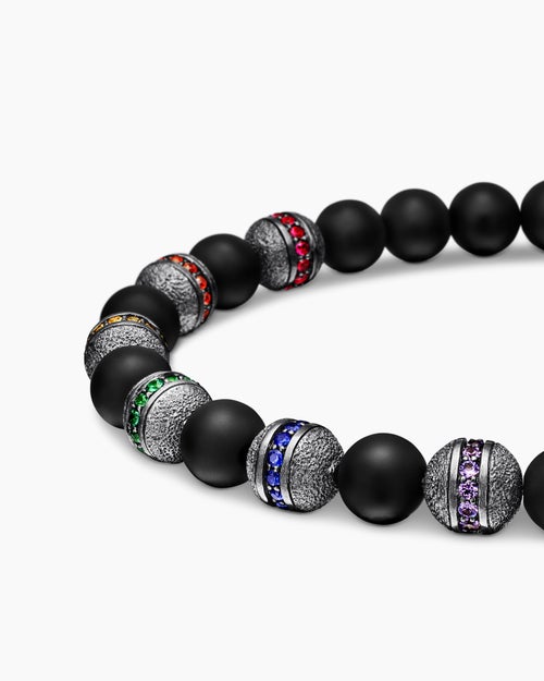 Mens Spiritual Beads Rainbow Bracelet in Sterling Silver with Black Onyx, Sapphires and Tsavorites, 6mm