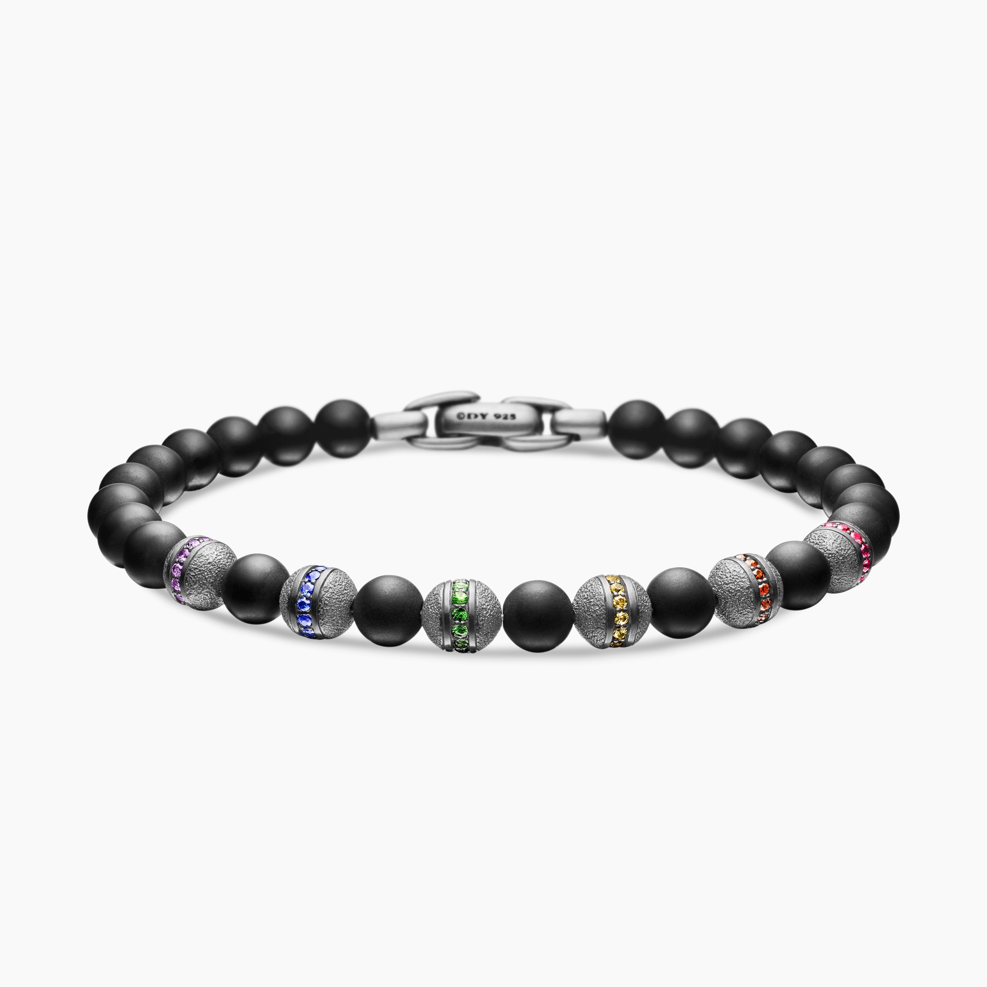 Mens Spiritual Beads Rainbow Bracelet in Sterling Silver, 6mm