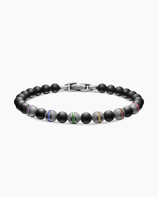 Spiritual Beads Rainbow Bracelet in Sterling Silver with Black Onyx, Sapphires and Tsavorites, 6mm