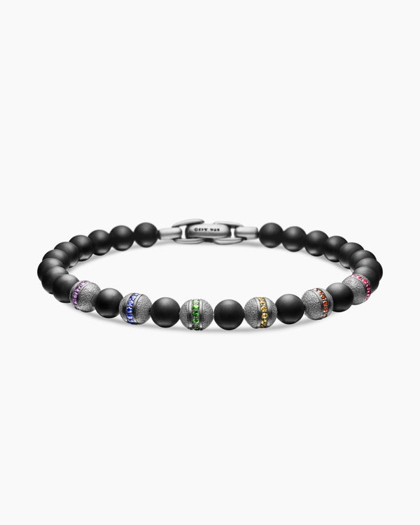 Bracelet Spiritual Beads arc-en-ciel en argent sterling avec onyx noir, saphirs et tsavorites, 6 mm