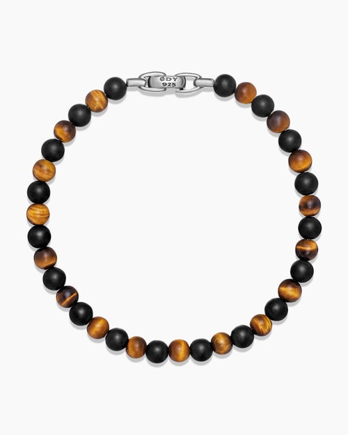 Mens Spiritual Beads Alternating Bracelet in Sterling Silver with Black Onyx and Tiger’s Eye, 6mm