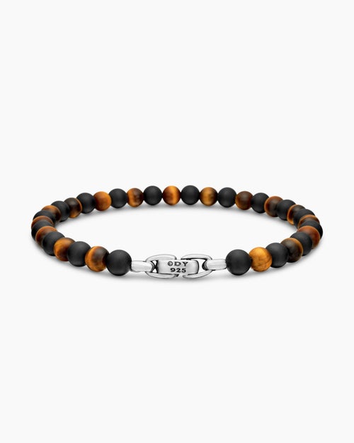 Mens Spiritual Beads Alternating Bracelet in Sterling Silver with Black Onyx and Tiger’s Eye, 6mm