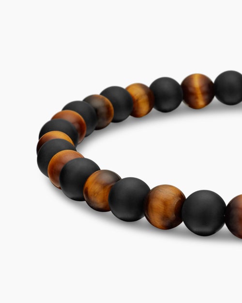 Mens Spiritual Beads Alternating Bracelet in Sterling Silver with Black Onyx and Tiger’s Eye, 6mm