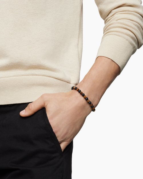 Mens Spiritual Beads Alternating Bracelet in Sterling Silver with Black Onyx and Tiger’s Eye, 6mm