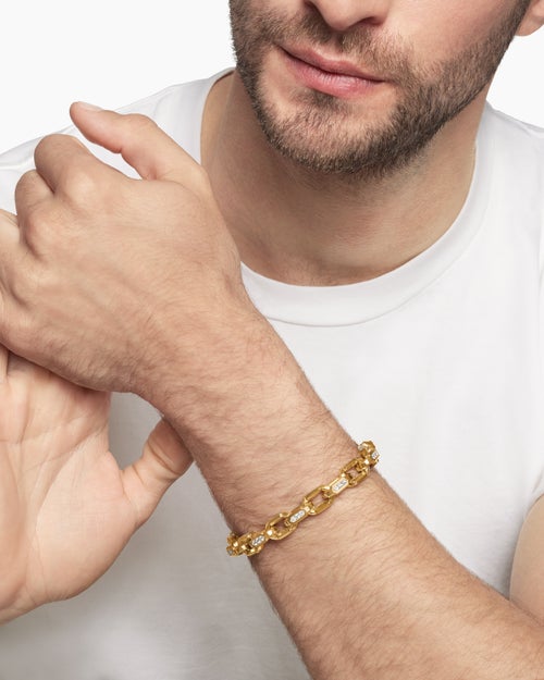 Mens Faceted Chain Bracelet in 18K Yellow Gold with Diamonds, 9.5mm