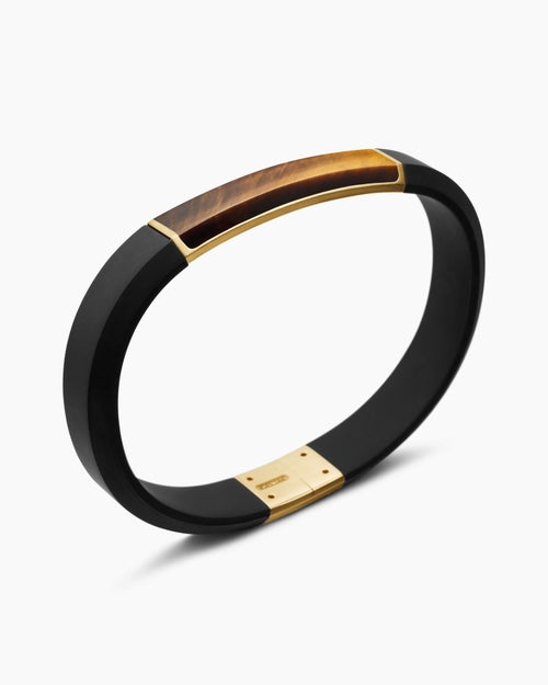 Mens Streamline® ID Bracelet in Black Rubber with Tiger’s Eye and 18K Yellow Gold, 10mm