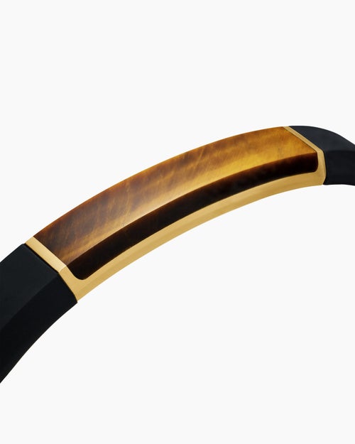 Mens Streamline® ID Bracelet in Black Rubber with Tiger’s Eye and 18K Yellow Gold, 10mm