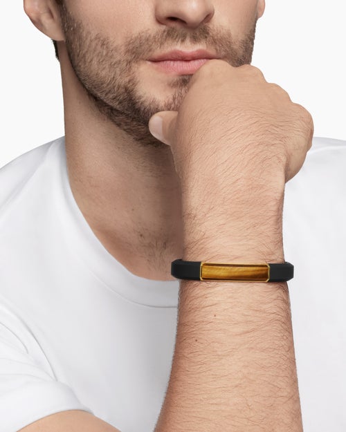 Mens Streamline® ID Bracelet in Black Rubber with Tiger’s Eye and 18K Yellow Gold, 10mm