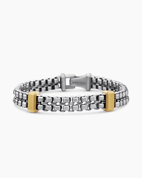 Mens Double Box Chain Bracelet in Sterling Silver with 18K Yellow Gold, 10.5mm
