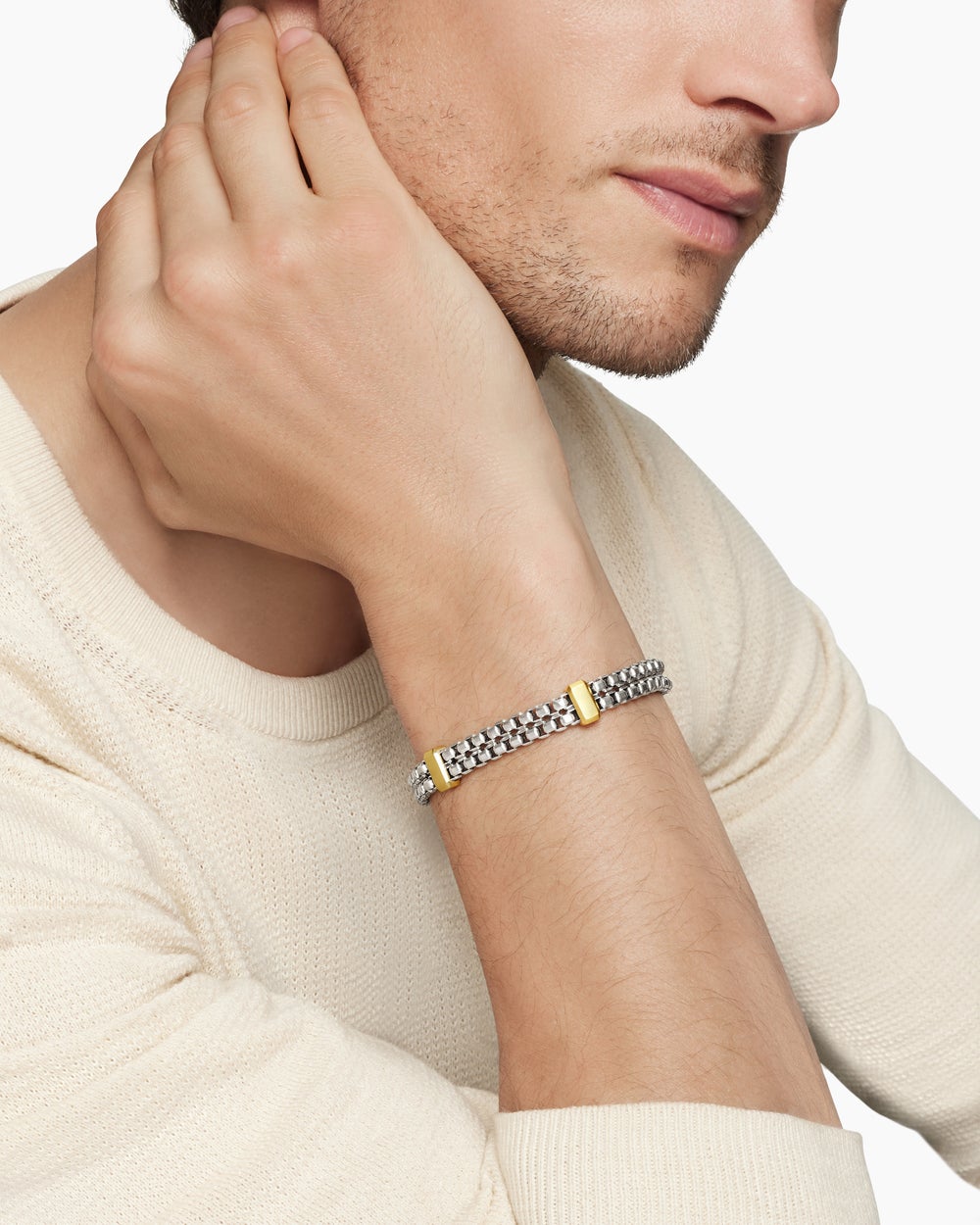 Mens Double Box Chain Bracelet in Sterling Silver with 18K Yellow Gold, 10.5mm