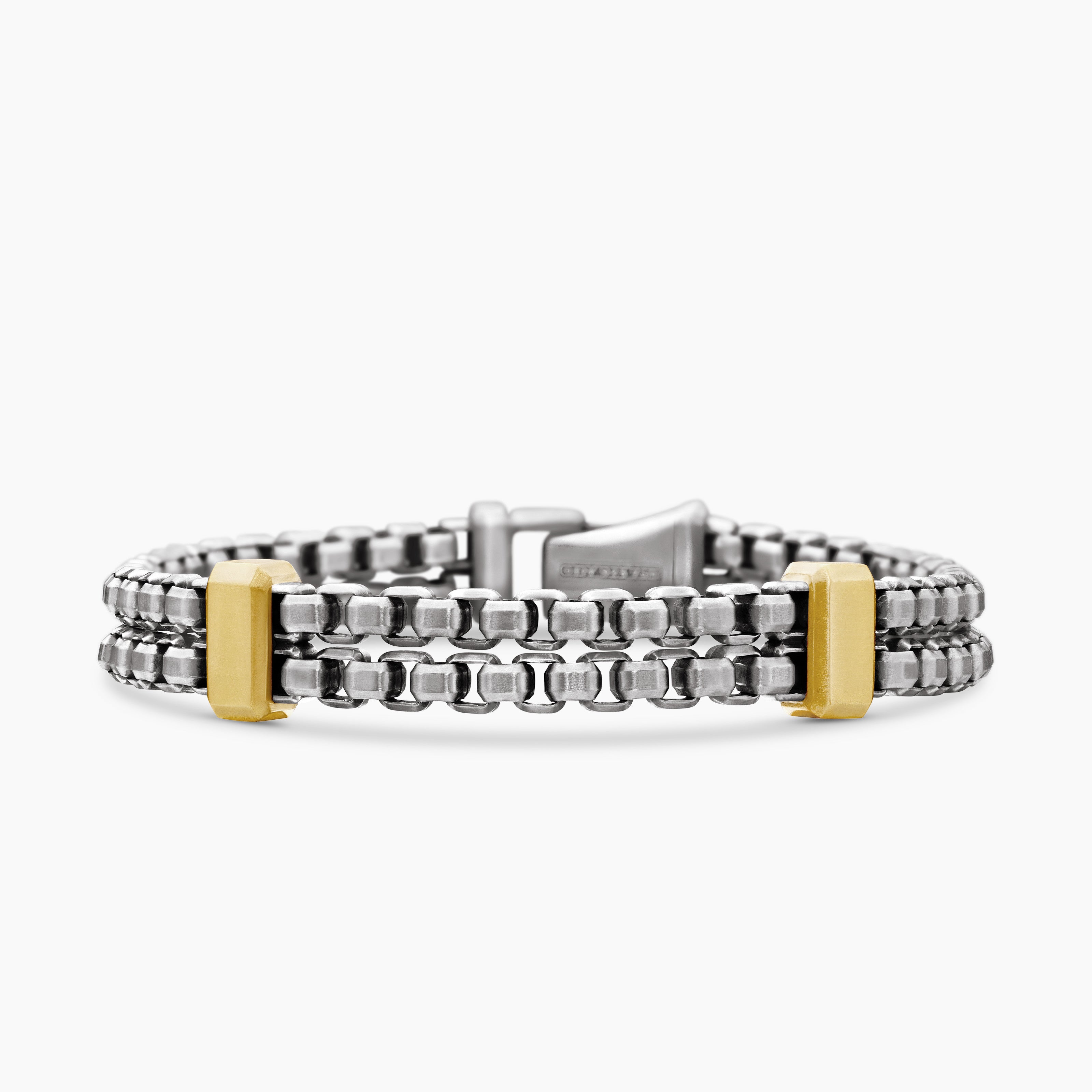 Mens Double Box Chain Bracelet in Sterling Silver with 18K Yellow Gold, 10.5mm