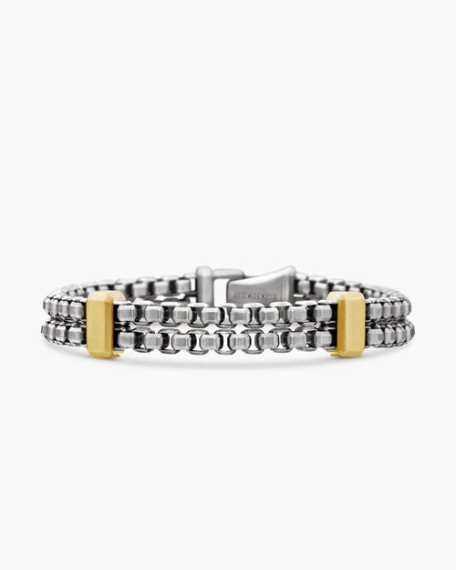 Mens Double Box Chain Bracelet in Sterling Silver with 18K Yellow Gold, 10.5mm