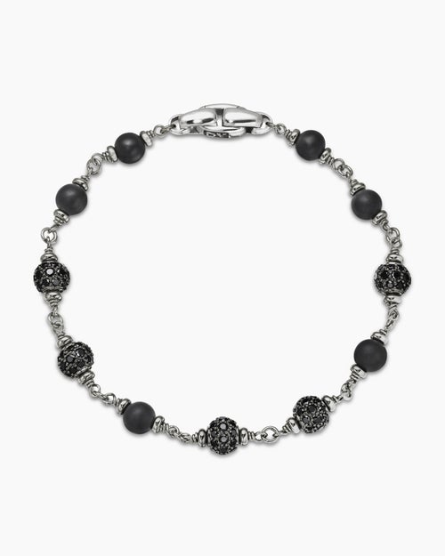Mens Spiritual Beads Bracelet in Sterling Silver with Black Onyx and Black Diamonds, 6mm