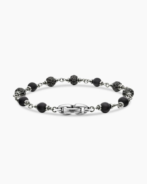 Mens Spiritual Beads Bracelet in Sterling Silver with Black Onyx and Black Diamonds, 6mm
